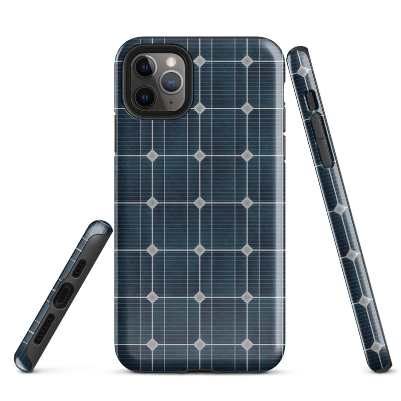 Glossy Solar Panel Tech Tough Case for iPhone — close-up repeating grid of deep navy blue octagonal solar cells with silver