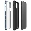 Glossy Solar Panel Tech Tough Case for iPhone — close-up repeating grid of deep navy blue octagonal solar cells with silver
