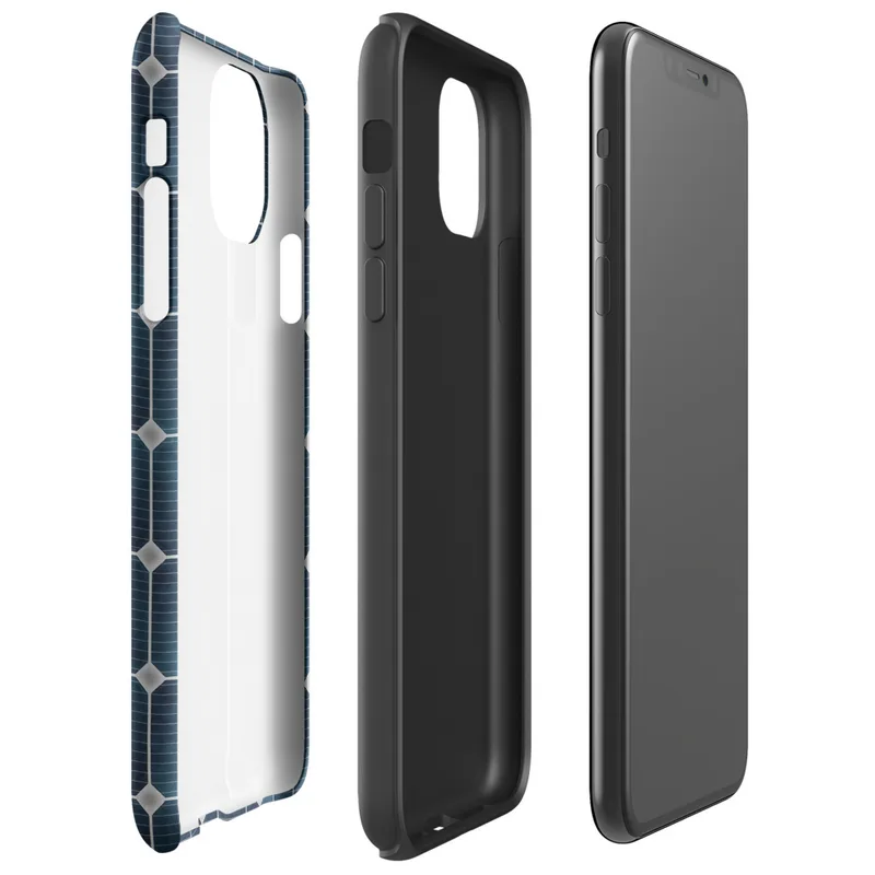 Glossy Solar Panel Tech Tough Case for iPhone — close-up repeating grid of deep navy blue octagonal solar cells with silver