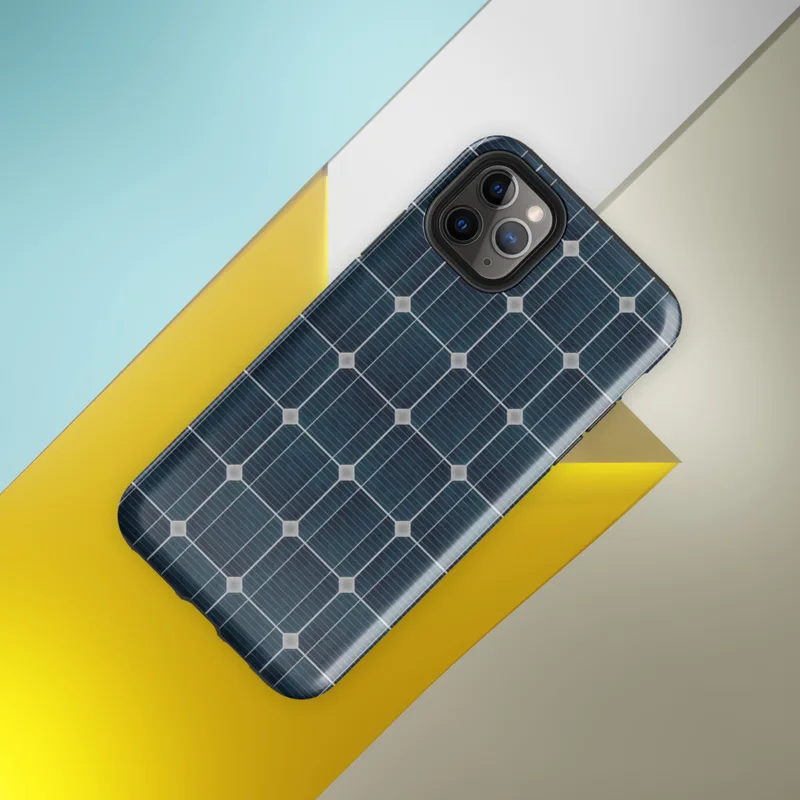 Glossy Solar Panel Tech Tough Case for iPhone — close-up repeating grid of deep navy blue octagonal solar cells with silver