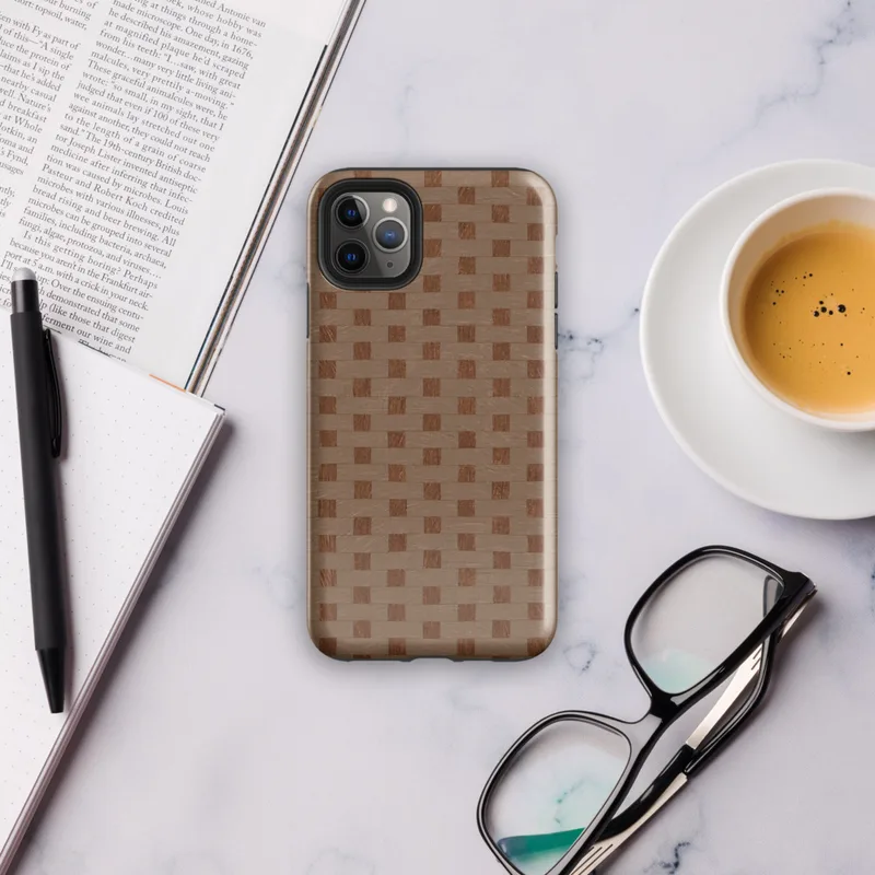 Glossy Woven Basket Weave Classic Tough Case for iPhone — close-up woven basket weave pattern in terracotta brown and warm