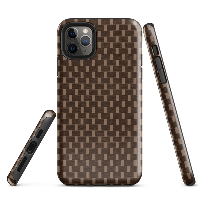 Glossy Woven Basketweave Texture Tough Case for iPhone — tightly woven basketweave pattern in dark chocolate brown and warm