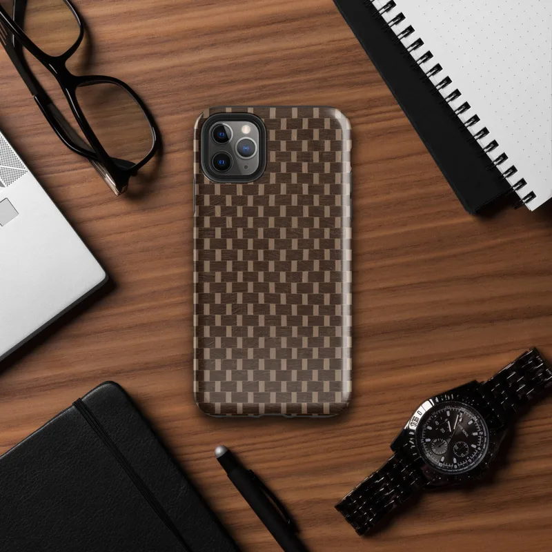 Glossy Woven Basketweave Texture Tough Case for iPhone — tightly woven basketweave pattern in dark chocolate brown and warm