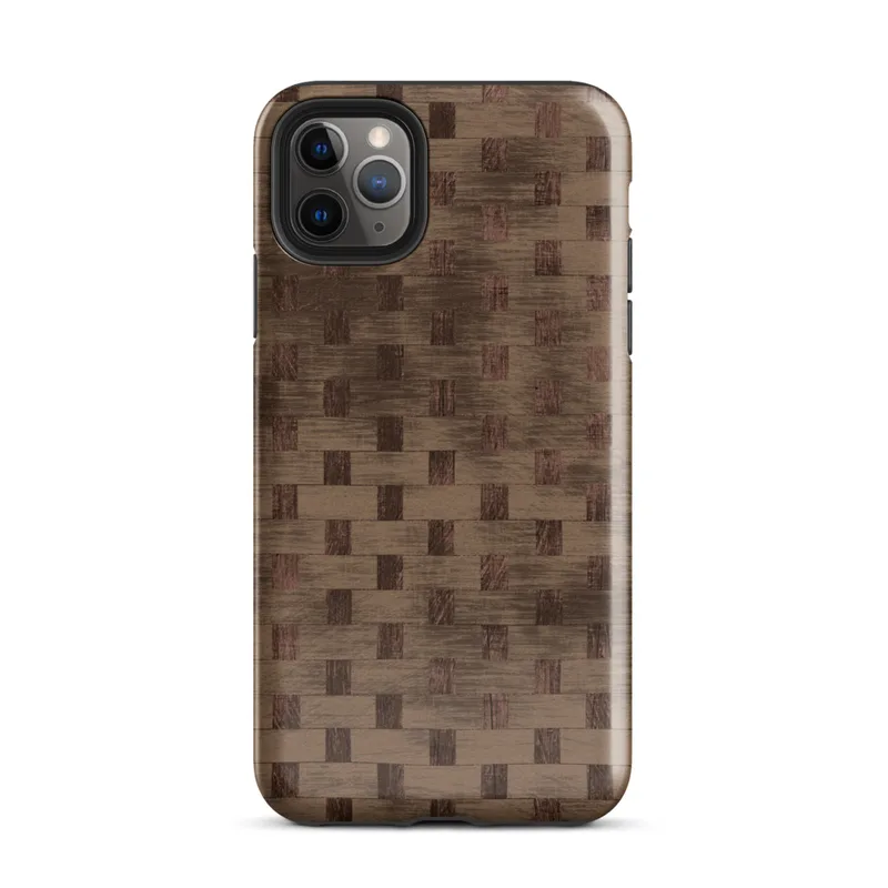 Glossy Woven Wood Weave Tough Case for iPhone — tightly woven basket weave pattern in dark mahogany and warm sienna tones