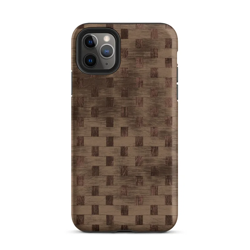 Matte Woven Wood Weave Tough Case for iPhone — tightly woven basket weave pattern in dark mahogany and warm sienna tones