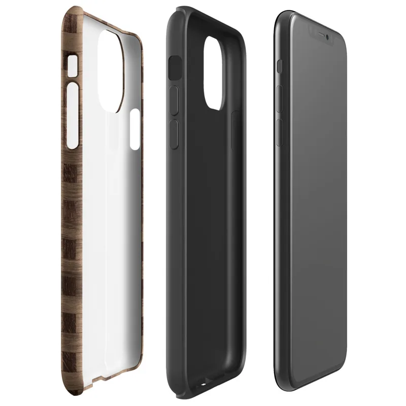 Glossy Woven Wood Weave Tough Case for iPhone — tightly woven basket weave pattern in dark mahogany and warm sienna tones