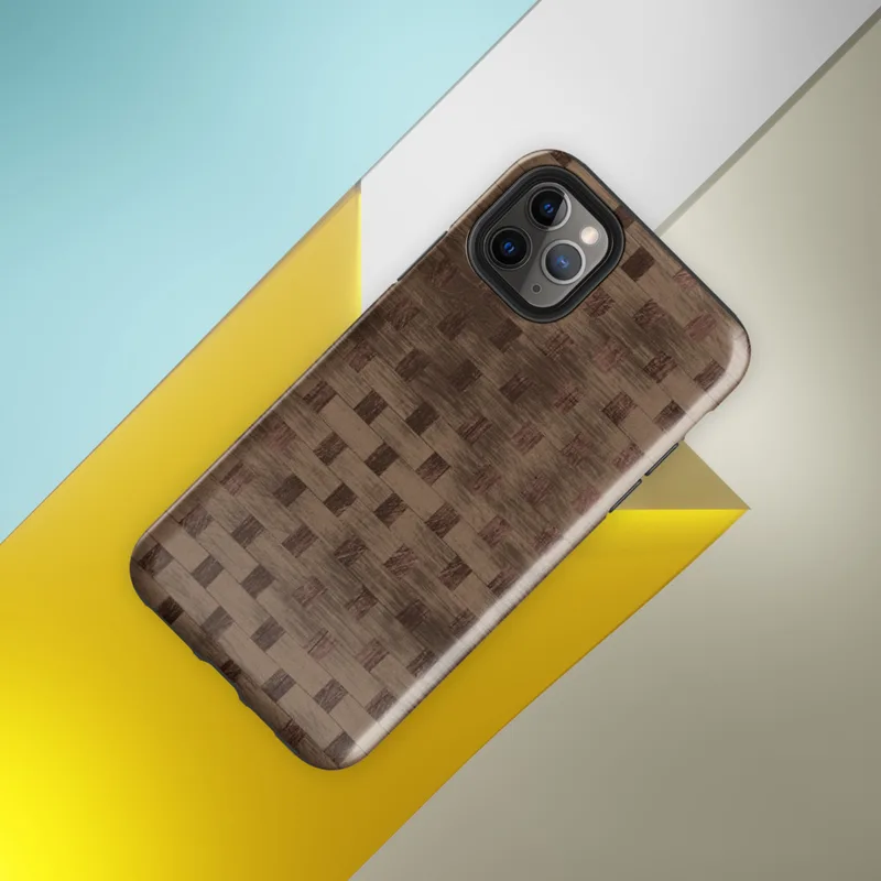 Glossy Woven Wood Weave Tough Case for iPhone — tightly woven basket weave pattern in dark mahogany and warm sienna tones