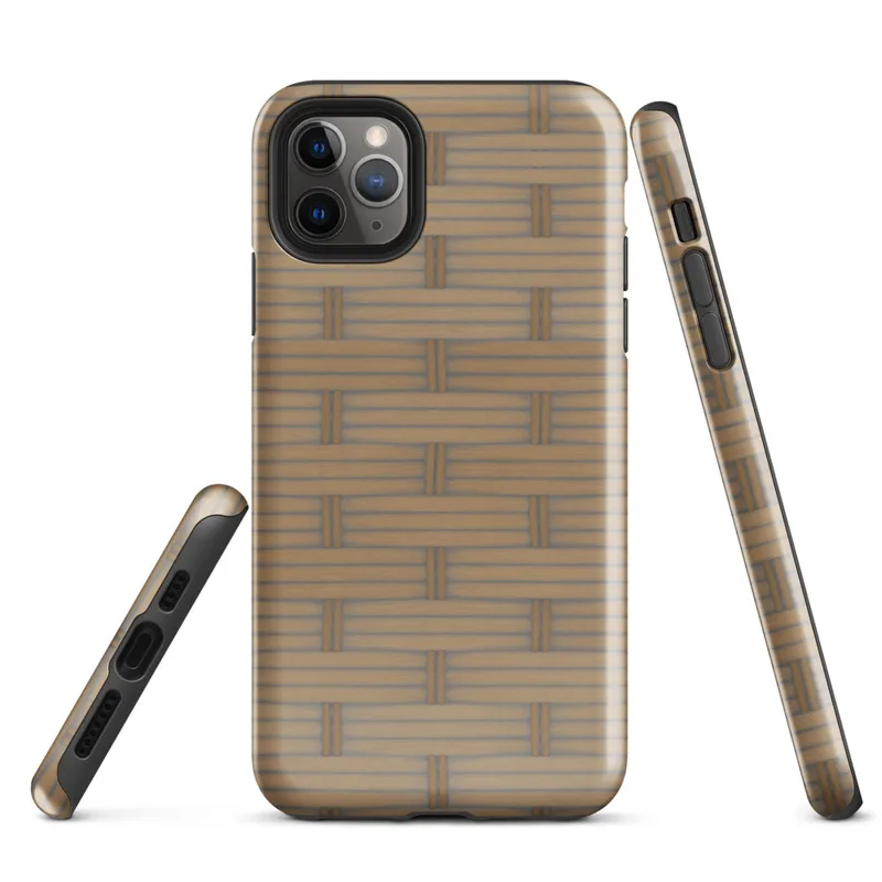 Glossy Woven Rattan Weave Tough Case for iPhone — seamless woven basket weave pattern in warm sandy tan and golden brown