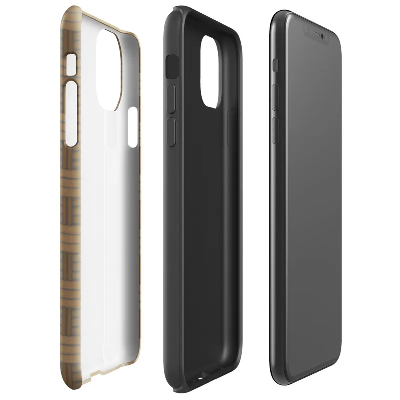 Glossy Woven Rattan Weave Tough Case for iPhone — seamless woven basket weave pattern in warm sandy tan and golden brown