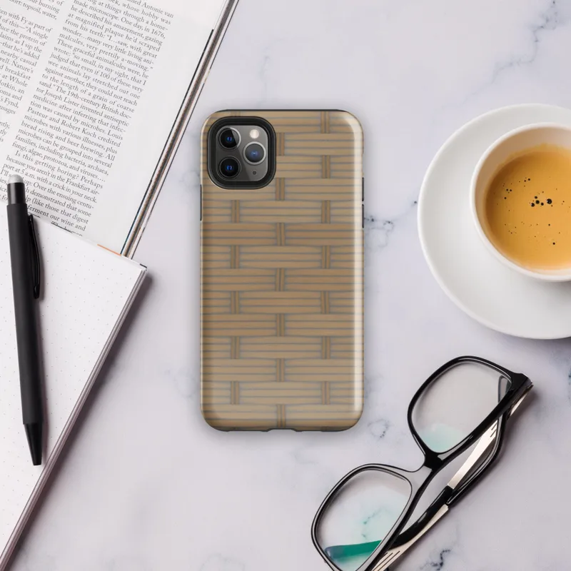 Glossy Woven Rattan Weave Tough Case for iPhone — seamless woven basket weave pattern in warm sandy tan and golden brown