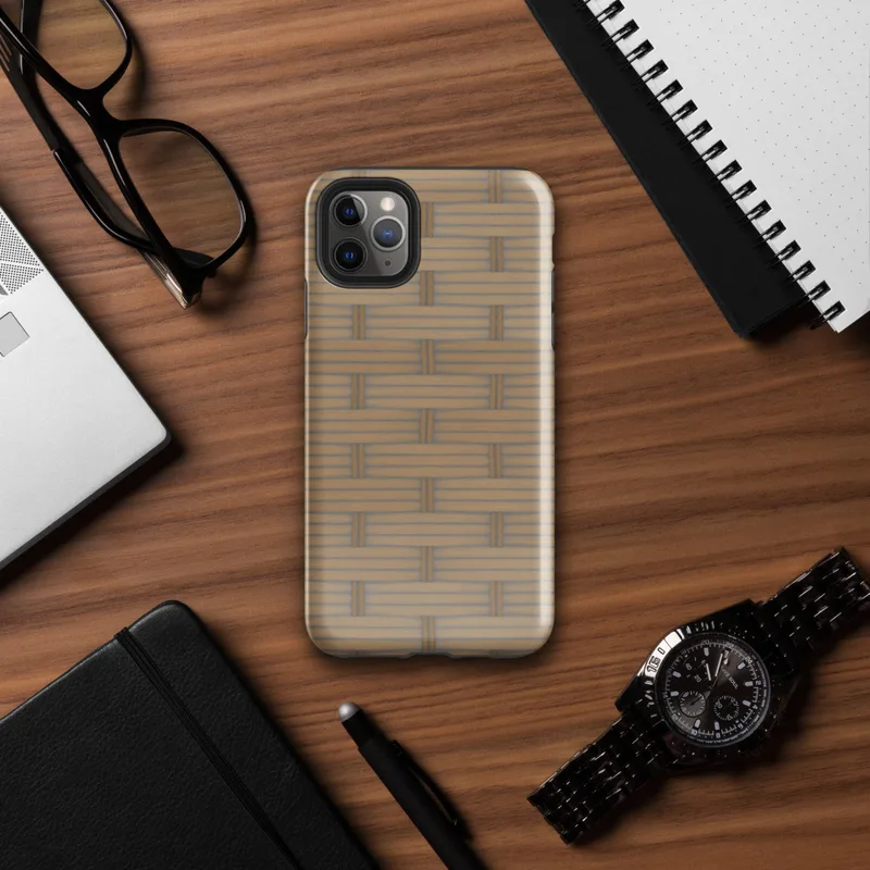 Glossy Woven Rattan Weave Tough Case for iPhone — seamless woven basket weave pattern in warm sandy tan and golden brown