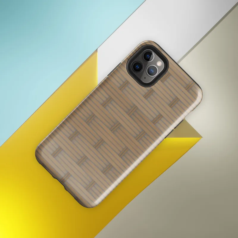 Glossy Woven Rattan Weave Tough Case for iPhone — seamless woven basket weave pattern in warm sandy tan and golden brown