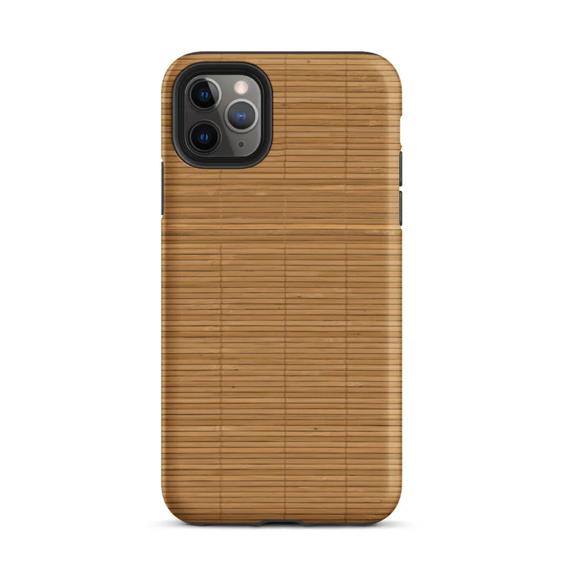 Matte Woven Bamboo Mat Tough Case for iPhone — closely woven bamboo reed mat texture in warm golden and amber tones