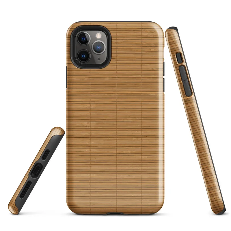 Glossy Woven Bamboo Mat Tough Case for iPhone — closely woven bamboo reed mat texture in warm golden and amber tones