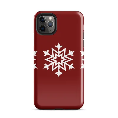 three identical white geometric snowflakes arranged in a row on a deep crimson red background on Glossy Winter Snowflake Trio Case - default view