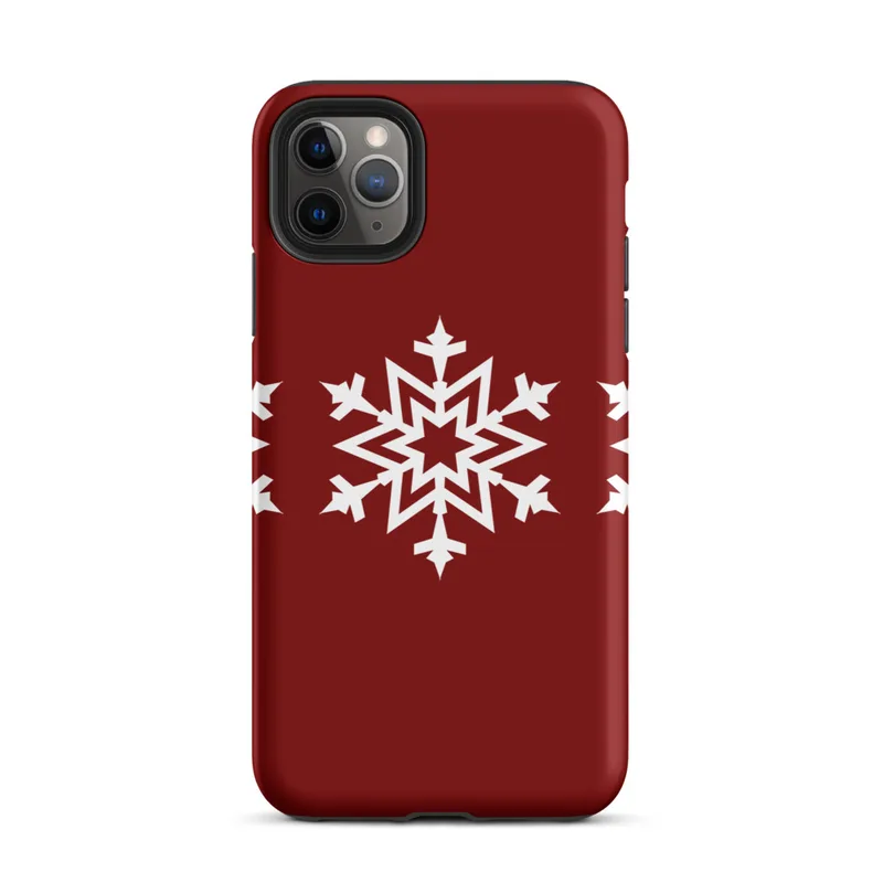Matte Winter Snowflake Trio Tough Case for iPhone — three identical white geometric snowflakes arranged in a row on a deep