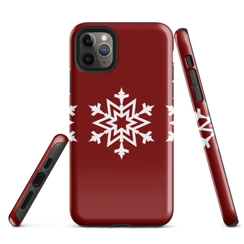 Glossy Winter Snowflake Trio Tough Case for iPhone — three identical white geometric snowflakes arranged in a row on a deep