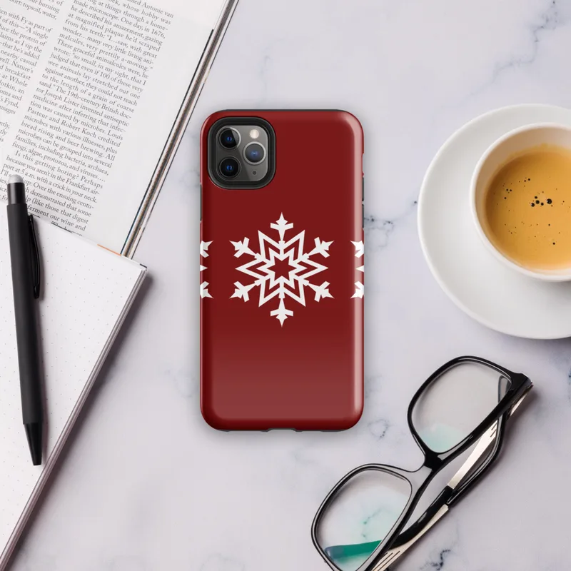 Glossy Winter Snowflake Trio Tough Case for iPhone — three identical white geometric snowflakes arranged in a row on a deep