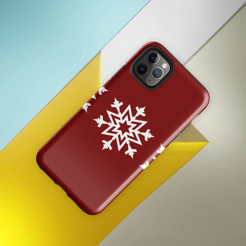 Glossy Winter Snowflake Trio Tough Case for iPhone — three identical white geometric snowflakes arranged in a row on a deep