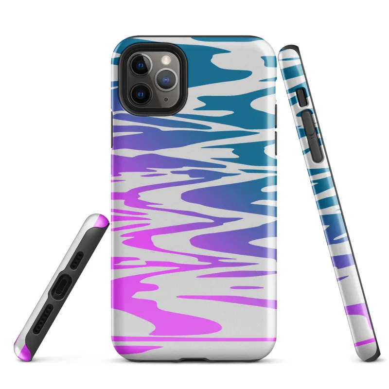 Glossy Neon Tide Wave Tough Case for iPhone — rippling water waves in a teal to magenta gradient on a light gray background