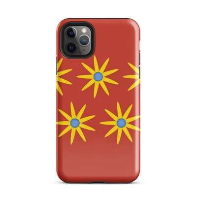 repeating pattern of yellow sunburst flowers with blue centers on a vivid red background, flat illustrated style on Glossy Solar Bloom Red iPhone Case - default view