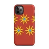Matte Solar Bloom Red Tough Case for iPhone — repeating pattern of yellow sunburst flowers with blue centers on a vivid red