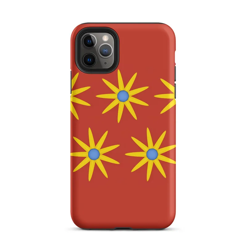 Matte Solar Bloom Red Tough Case for iPhone — repeating pattern of yellow sunburst flowers with blue centers on a vivid red