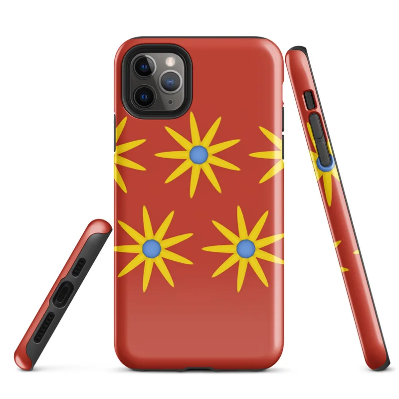 Glossy Solar Bloom Red Tough Case for iPhone — repeating pattern of yellow sunburst flowers with blue centers on a vivid red