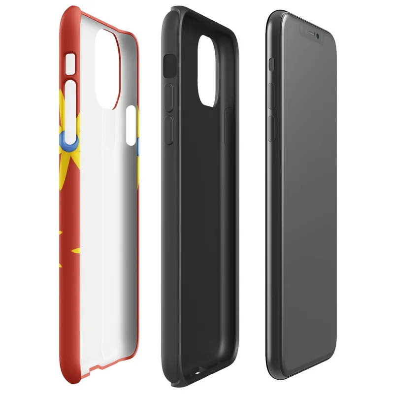 Glossy Solar Bloom Red Tough Case for iPhone — repeating pattern of yellow sunburst flowers with blue centers on a vivid red