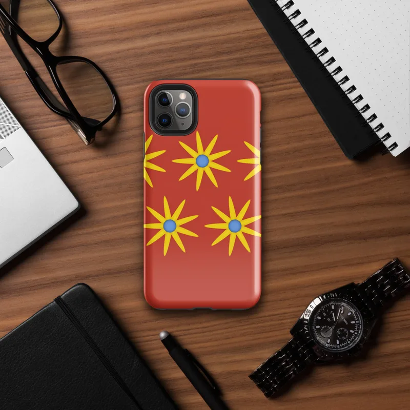 Glossy Solar Bloom Red Tough Case for iPhone — repeating pattern of yellow sunburst flowers with blue centers on a vivid red