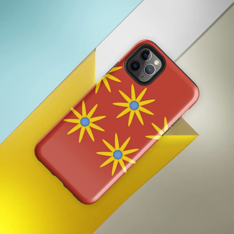 Glossy Solar Bloom Red Tough Case for iPhone — repeating pattern of yellow sunburst flowers with blue centers on a vivid red