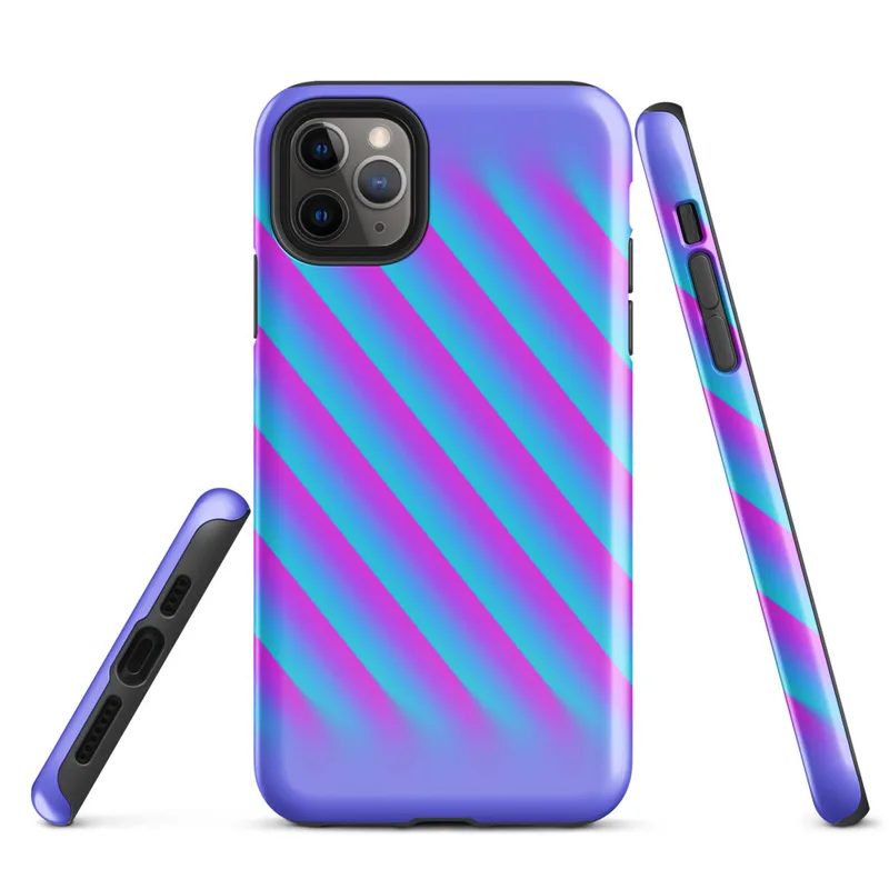 Glossy Neon Diagonal Stripe Surge Tough Case for iPhone — diagonal soft-edged stripes in bright cyan and magenta fading into