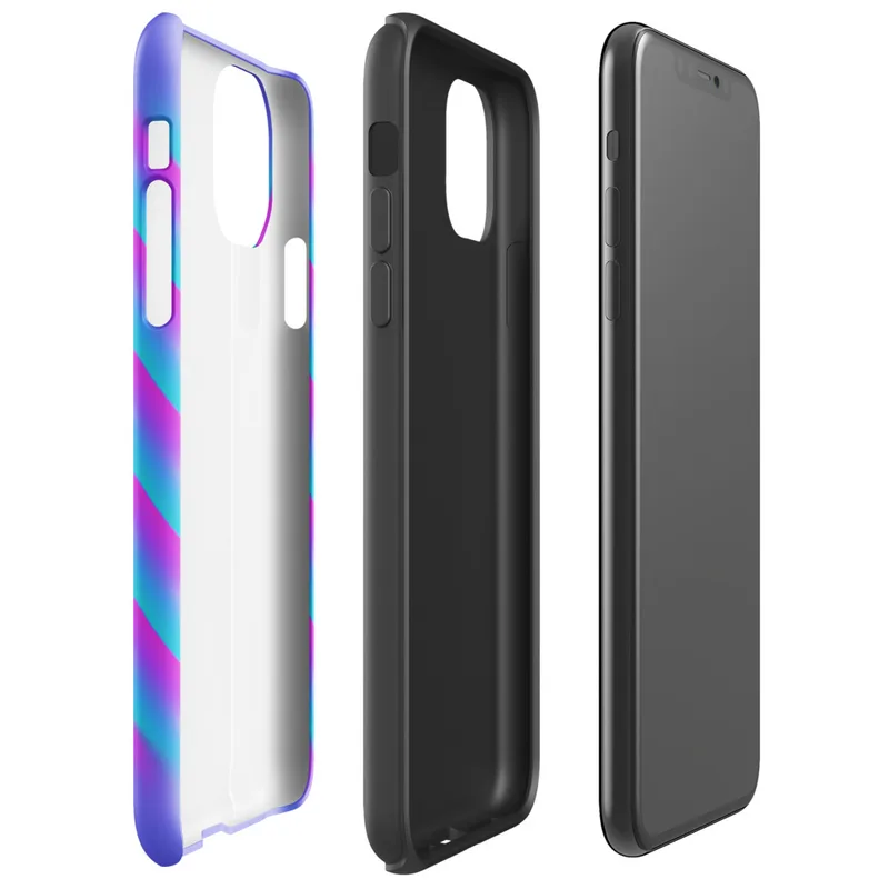 Glossy Neon Diagonal Stripe Surge Tough Case for iPhone — diagonal soft-edged stripes in bright cyan and magenta fading into