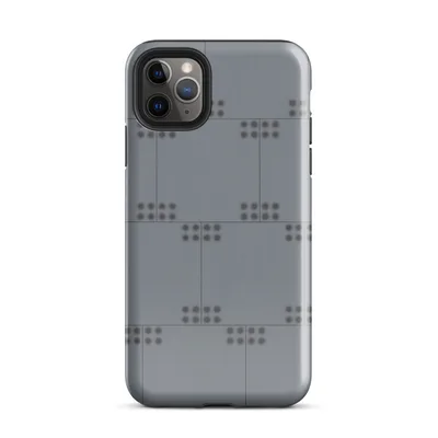 repeating grid of dark circular dots arranged in pairs on a cool blue-grey paneled background in a technical, industrial style on Glossy Steel Grid Dot Matrix Case - default view