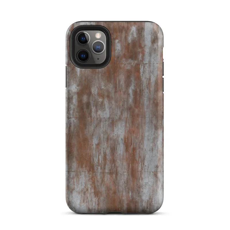 Matte Rust and Ruin Metal Tough Case for iPhone — heavily rusted metal surface with vertical rust streaks bleeding through