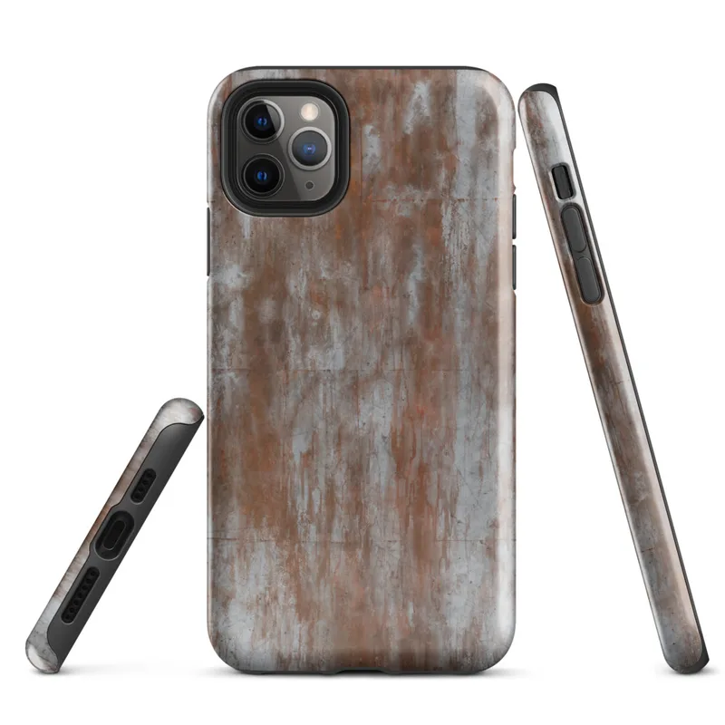 Glossy Rust and Ruin Metal Tough Case for iPhone — heavily rusted metal surface with vertical rust streaks bleeding through