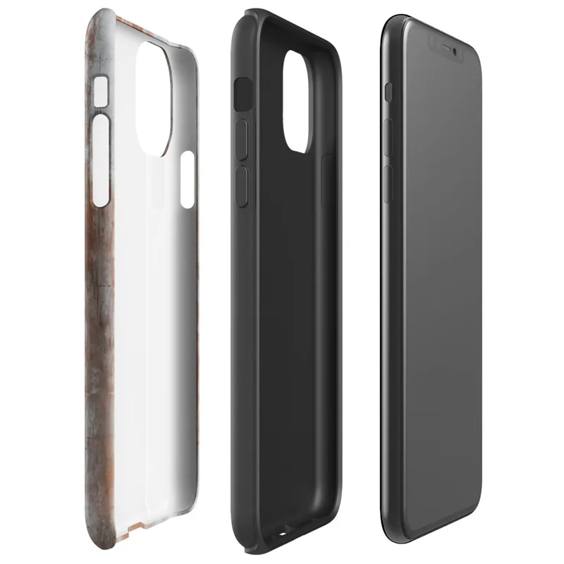 Glossy Rust and Ruin Metal Tough Case for iPhone — heavily rusted metal surface with vertical rust streaks bleeding through