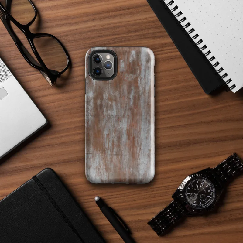 Glossy Rust and Ruin Metal Tough Case for iPhone — heavily rusted metal surface with vertical rust streaks bleeding through