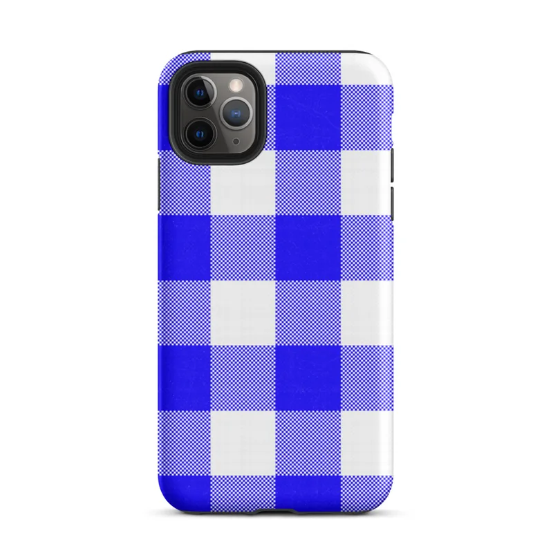 large-scale blue and white gingham check pattern with alternating solid cobalt, mixed checker, and white squares on Matte Classic Blue Gingham Tough Case for iPhone - default view