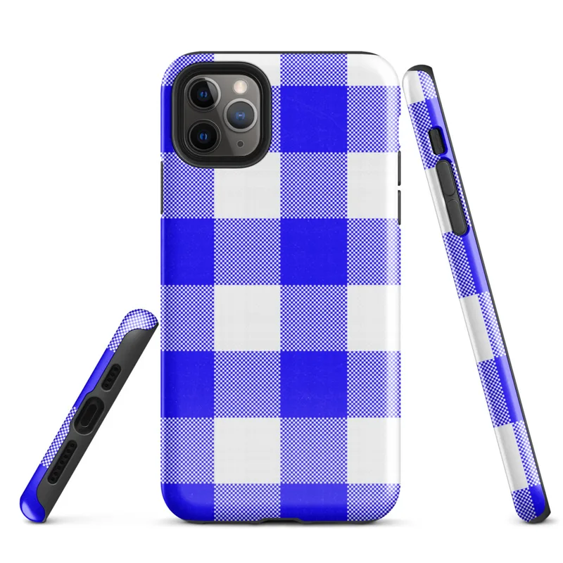 large-scale blue and white gingham check pattern with alternating solid cobalt, mixed checker, and white squares on Glossy Classic Blue Gingham Tough Case for iPhone - default view