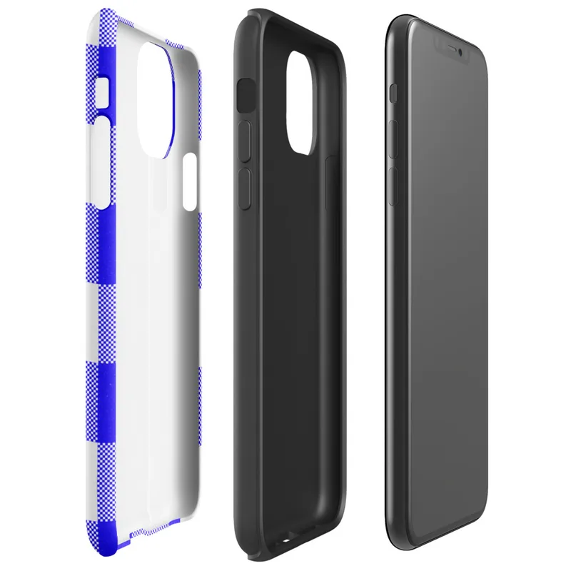 large-scale blue and white gingham check pattern with alternating solid cobalt, mixed checker, and white squares on Glossy Classic Blue Gingham Tough Case for iPhone - default view