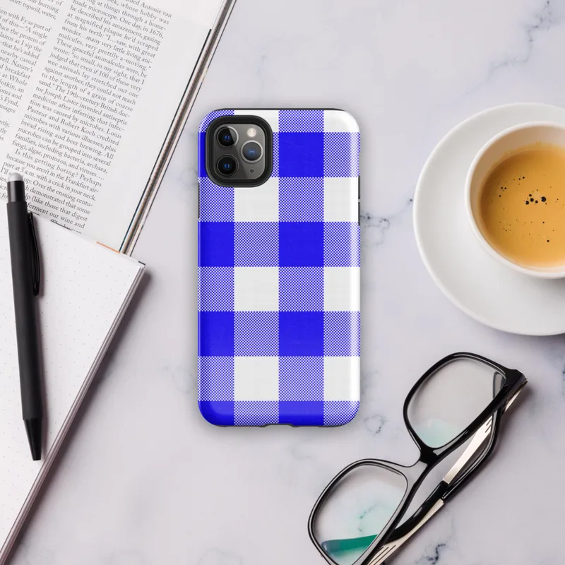 large-scale blue and white gingham check pattern with alternating solid cobalt, mixed checker, and white squares on Glossy Classic Blue Gingham Tough Case for iPhone - default view