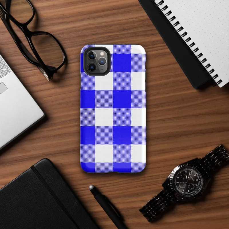 large-scale blue and white gingham check pattern with alternating solid cobalt, mixed checker, and white squares on Glossy Classic Blue Gingham Tough Case for iPhone - default view