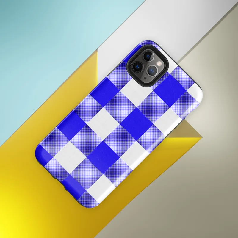 large-scale blue and white gingham check pattern with alternating solid cobalt, mixed checker, and white squares on Glossy Classic Blue Gingham Tough Case for iPhone - default view