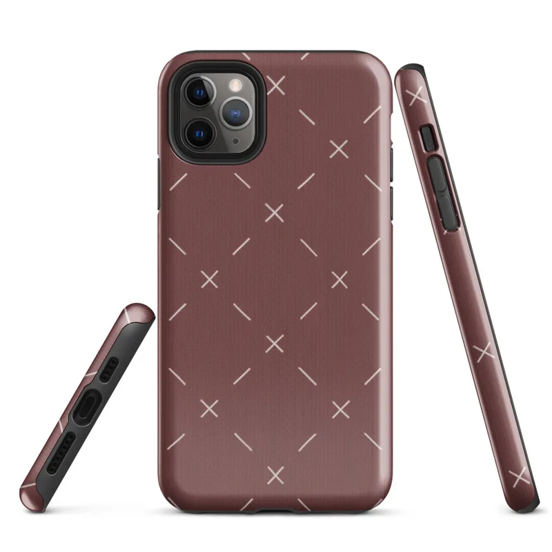 repeating ivory cross and dash marks scattered across a rich burgundy red textured background in a folk embroidery style on Glossy Crimson Cross Stitch Tough Case for iPhone - default view