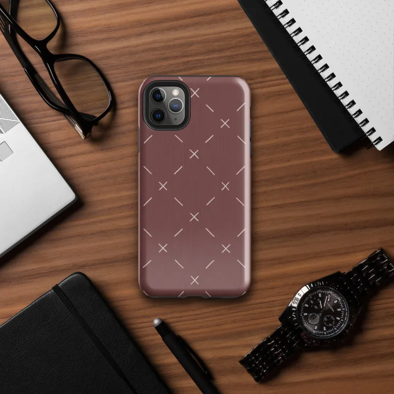 repeating ivory cross and dash marks scattered across a rich burgundy red textured background in a folk embroidery style on Glossy Crimson Cross Stitch Tough Case for iPhone - default view