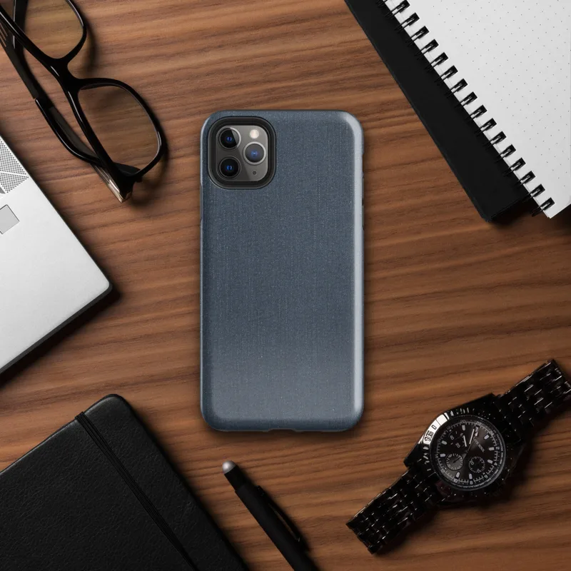 close-up dark navy denim fabric texture with subtle vertical weave grain and muted indigo tones on Glossy Dark Denim Texture Tough Case for iPhone - default view