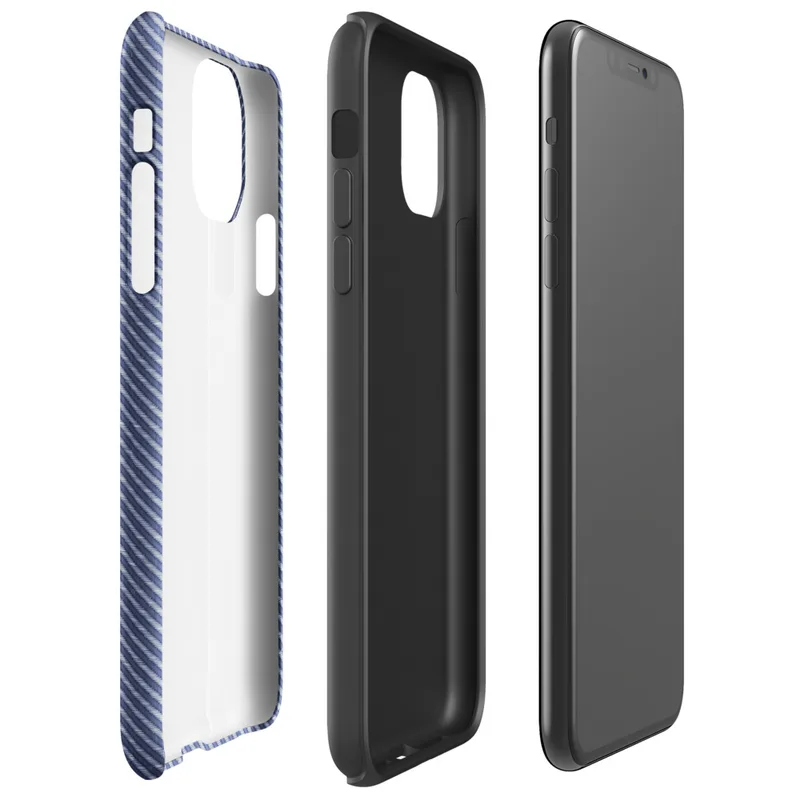 diagonal twill weave pattern in deep navy and slate blue, resembling woven fabric with fine alternating stripes on Glossy Navy Twill Weave Tough Case for iPhone - default view