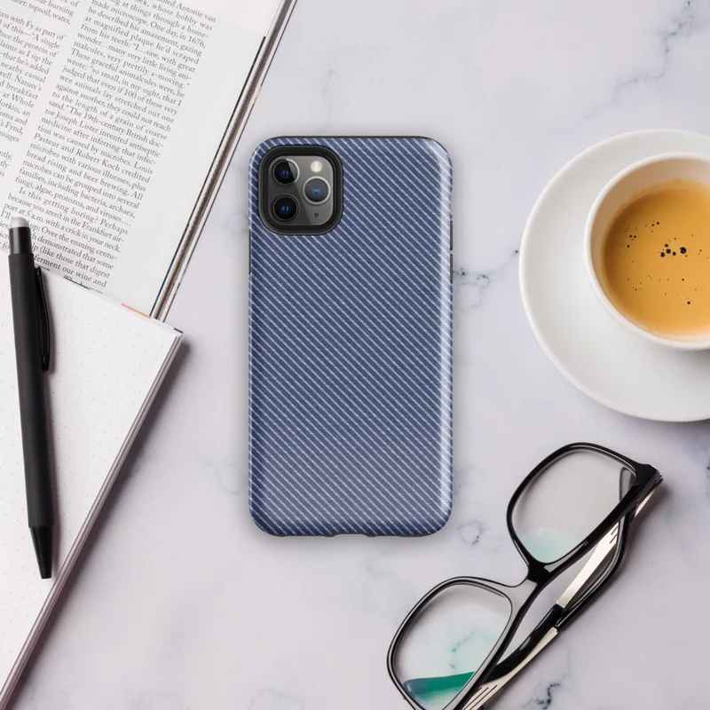 diagonal twill weave pattern in deep navy and slate blue, resembling woven fabric with fine alternating stripes on Glossy Navy Twill Weave Tough Case for iPhone - default view