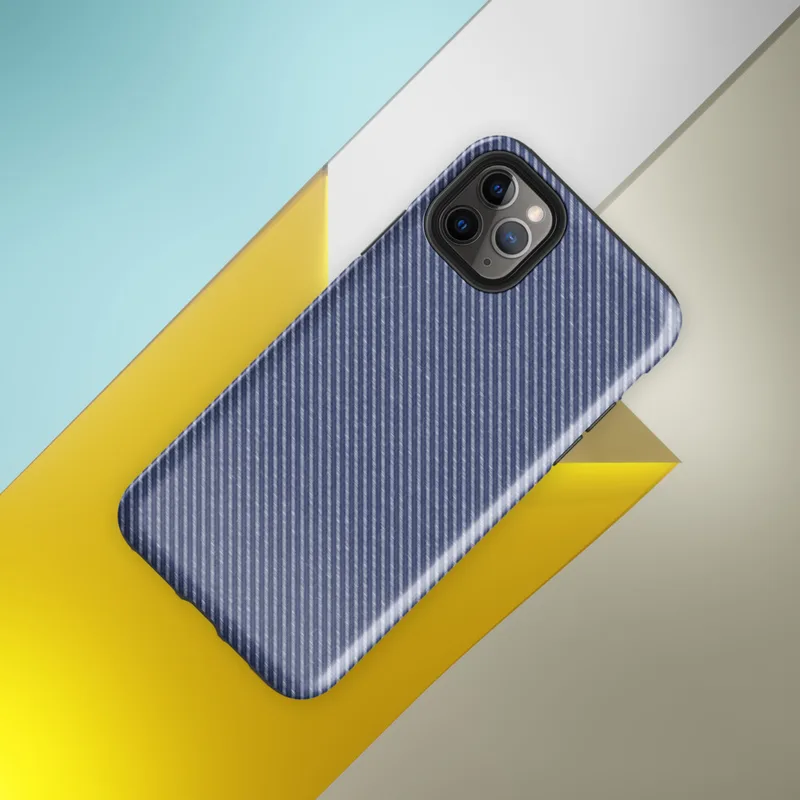 diagonal twill weave pattern in deep navy and slate blue, resembling woven fabric with fine alternating stripes on Glossy Navy Twill Weave Tough Case for iPhone - default view